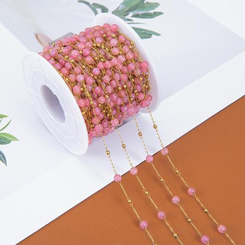 Chaîne de perles de pierre gemme, Acier inoxydable 304, DIY, rose, 1m/sac, Vendu par sac