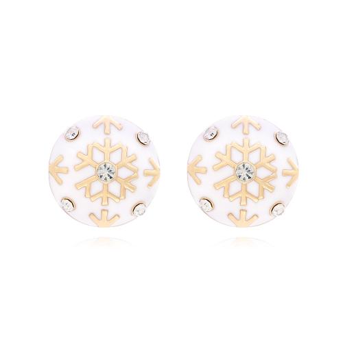 Boucles d'oreilles de Noël, alliage de zinc, Placage de couleur d'or, Conception de Noël & pour femme & émail & avec strass, blanc, protéger l'environnement, sans nickel, plomb et cadmium, 24x24mm, Vendu par paire