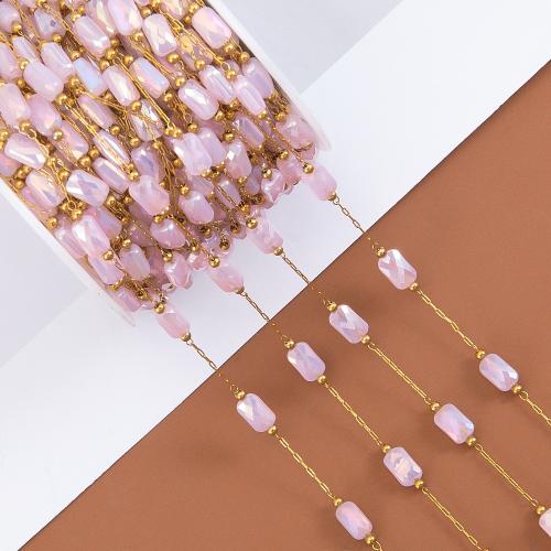 Decorative Beaded Chain, 304 Stainless Steel, with Crystal, Vacuum Ion Plating, DIY, light pink, 1m/Bag, Sold By Bag