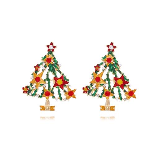 Pendientes de Navidad, aleación de zinc, Árbol de Navidad, chapado en color dorado, Diseño de Navidad & para mujer & esmalte & con diamantes de imitación, multicolor, libre de níquel, plomo & cadmio, 40x50mm, Vendido por Par