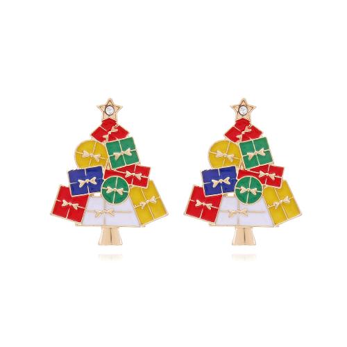 Pendientes de Navidad, aleación de zinc, Árbol de Navidad, chapado en color dorado, Diseño de Navidad & para mujer & esmalte & con diamantes de imitación, multicolor, libre de níquel, plomo & cadmio, 33x42mm, Vendido por Par