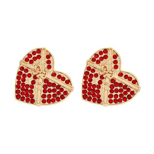 Boucles d'oreilles de Noël, alliage de zinc, coeur, Placage de couleur d'or, bijoux de mode & pour femme & avec strass, rouge, protéger l'environnement, sans nickel, plomb et cadmium, 33x33mm, Vendu par paire