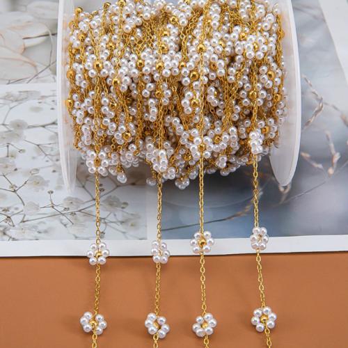 Decorative Beaded Chain, 304 Stainless Steel, with Crystal & Plastic Pearl, Flower, Vacuum Ion Plating, different length for choice & DIY, more colors for choice, Sold By Bag