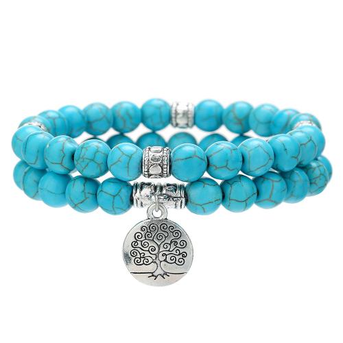 Fashion Turquoise Bracelets, Natural Turquoise, with Tibetan Style, silver color plated, 2 pieces & fashion jewelry & Unisex, turquoise blue, Length:Approx 18-19 cm, Sold By Set