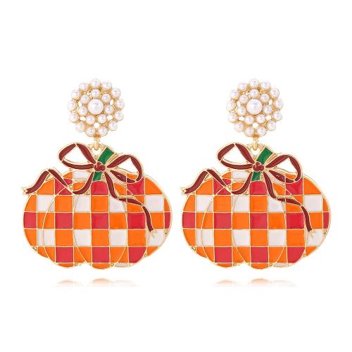 Pendientes de Navidad, aleación de zinc, con Perlas plásticas, chapado en color dorado, Diseño de Navidad & Joyería & para mujer & esmalte, libre de níquel, plomo & cadmio, 38x48mm, Vendido por Par