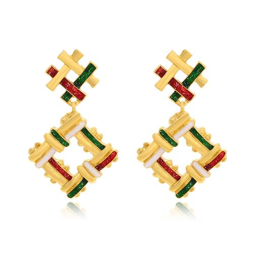 Christmas Earrings, Tibetan Style, Rhombus, gold color plated, fashion jewelry & for woman & enamel, nickel, lead & cadmium free, 30x51mm, Sold By Pair