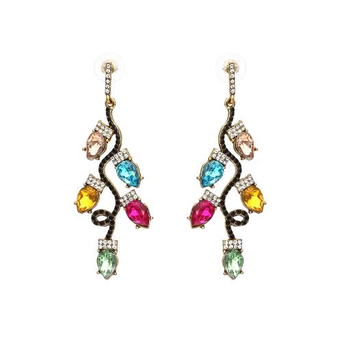 Boucles d'oreilles de Noël, alliage de zinc, avec strass de résine, feuille, Placage de couleur d'or, bijoux de mode & pour femme & avec strass, multicolore, protéger l'environnement, sans nickel, plomb et cadmium, 22x72mm, Vendu par paire