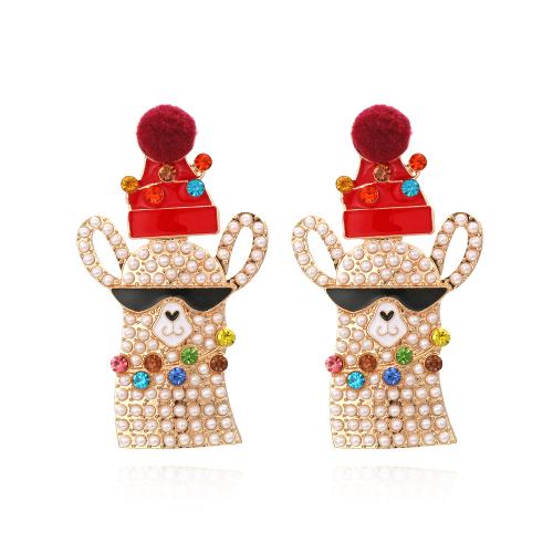 Christmas Earrings, Tibetan Style, with Plastic Pearl, gold color plated, fashion jewelry & for woman & with rhinestone, nickel, lead & cadmium free, 61x35mm, Sold By Pair