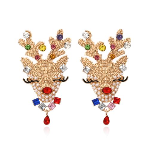 Boucles d'oreilles de Noël, alliage de zinc, avec perle de plastique, renne de noël, Placage de couleur d'or, Conception de Noël & bijoux de mode & pour femme & émail & avec strass, protéger l'environnement, sans nickel, plomb et cadmium, 62x33mm, Vendu par paire