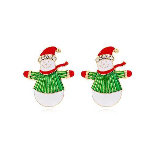 Pendientes de Navidad, aleación de zinc, Hombre de Nieve, chapado en color dorado, Diseño de Navidad & Joyería & para mujer & esmalte & con diamantes de imitación, libre de níquel, plomo & cadmio, 36x43mm, Vendido por Par