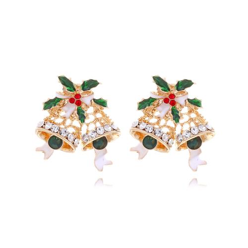 Pendientes de Navidad, aleación de zinc, Cascabel de Navidad, chapado en color dorado, Diseño de Navidad & Joyería & para mujer & esmalte & con diamantes de imitación, libre de níquel, plomo & cadmio, 29x32mm, Vendido por Par