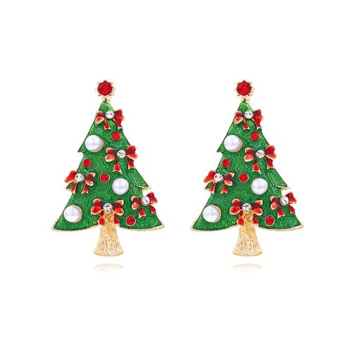 Boucles d'oreilles de Noël, alliage de zinc, arbre de noël, Placage de couleur d'or, Conception de Noël & bijoux de mode & pour femme & émail & avec strass, vert, protéger l'environnement, sans nickel, plomb et cadmium, 34x52mm, Vendu par paire