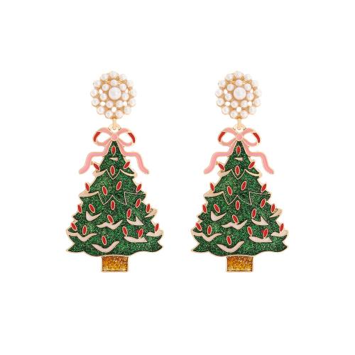 Pendientes de Navidad, aleación de zinc, con Perlas plásticas, Árbol de Navidad, chapado en color dorado, Diseño de Navidad & Joyería & para mujer & esmalte, verde, libre de níquel, plomo & cadmio, 30x60mm, Vendido por Par