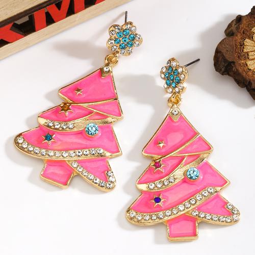 Zinc Alloy Drop Earring Christmas Tree gold color plated for woman & enamel & with rhinestone pink nickel lead & cadmium free Sold By Pair