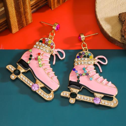 Tibetan Style Drop Earring, Shoes, gold color plated, for woman & enamel & with rhinestone, pink, nickel, lead & cadmium free, Sold By Pair