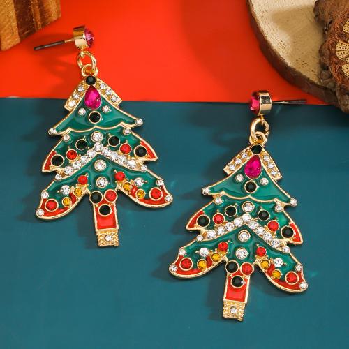 Tibetan Style Drop Earring, Christmas Tree, gold color plated, for woman & enamel & with rhinestone, green, nickel, lead & cadmium free, Sold By Pair