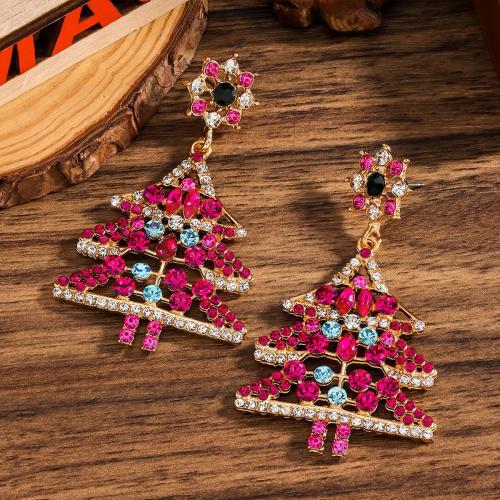 Tibetan Style Drop Earring, Christmas Tree, gold color plated, for woman & with rhinestone, pink, nickel, lead & cadmium free, Sold By Pair