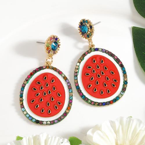 Tibetan Style Drop Earring, Watermelon, gold color plated, for woman & enamel & with rhinestone, red, nickel, lead & cadmium free, Sold By Pair