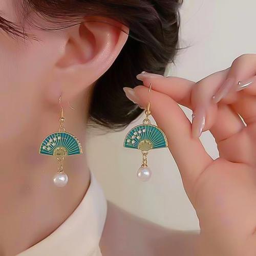 Tibetan Style Drop Earrings, with enamel, Fan, plated, fashion jewelry & enamel, green, nickel, lead & cadmium free, 24x46mm, Sold By Pair