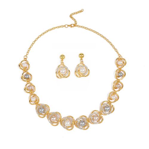 Zinc Alloy Jewelry Sets Stud Earring & necklace with Plastic Pearl plated 2 pieces & for woman & with rhinestone gold Sold By Set