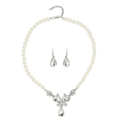 Jewelry Sets, earring & necklace, Plastic Pearl, plated, 2 pieces & for woman & with rhinestone, platinum color, Sold By Set