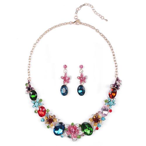 Tibetan Style Jewelry Sets, Stud Earring & necklace, plated, 2 pieces & for woman & with rhinestone, more colors for choice, Sold By Set