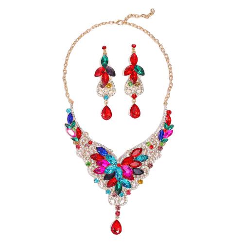 Tibetan Style Jewelry Sets, Stud Earring & necklace, with Glass Rhinestone, plated, 2 pieces & for woman & with rhinestone, more colors for choice, Sold By Set