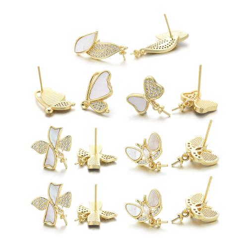 Brass Earring Stud Component with Shell plated DIY & micro pave cubic zirconia gold Sold By Pair