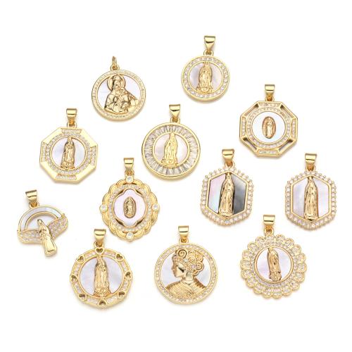 Cubique Pendentif en laiton zircon pavent, avec coquille & coquille d'ormeau, Placage, DIY & styles différents pour le choix & pavé de micro zircon, Or, Vendu par PC