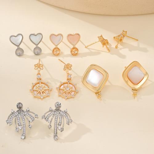 Brass Earring Stud Component with Shell plated DIY & micro pave cubic zirconia Sold By Pair