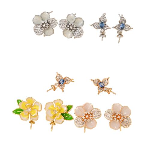 Brass Earring Stud Component petals plated DIY & micro pave cubic zirconia & enamel Sold By Pair