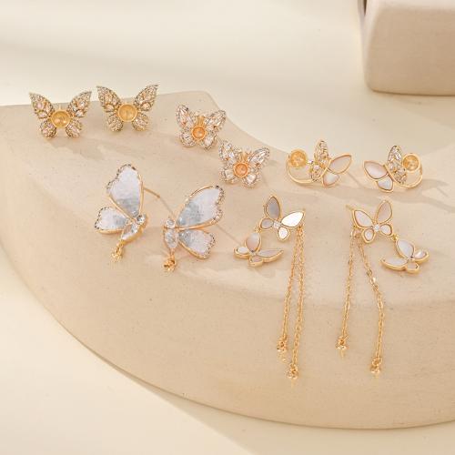 Brass Earring Stud Component with Shell petals plated DIY & micro pave cubic zirconia Sold By Pair