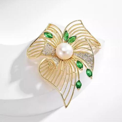 Zinklegering broches, Zinc Alloy, met Plastic Pearl, plated, voor vrouw & met strass, gouden, Verkocht door PC