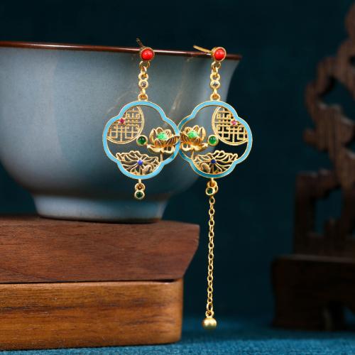 Tibetan Style Asymmetric Earrings, with Jade, gold color plated, for woman & enamel & hollow, 21x77mm, Sold By Pair