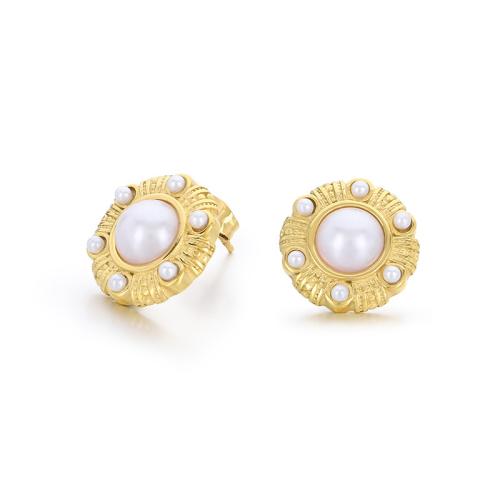 Stainless Steel Stud Earrings 304 Stainless Steel with Shell Pearl fashion jewelry & for woman Sold By Pair