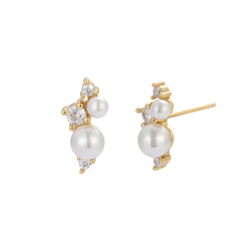 Pendientes de Micro Pavé de Zirconía Cúbica en Plata de Ley, Plata de ley 925, con Shell Pearl, Joyería & micro arcilla de zirconia cúbica & para mujer, dorado, Vendido por Par