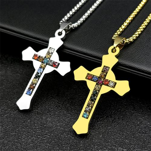 Stainless Steel Jewelry Necklace, 304 Stainless Steel, Cross, fashion jewelry & Unisex & with rhinestone, more colors for choice, 55x38mm, Length:Approx 60 cm, Sold By PC