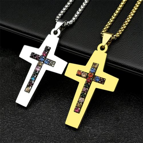 Stainless Steel Jewelry Necklace, 304 Stainless Steel, Cross, fashion jewelry & Unisex & with rhinestone, more colors for choice, 54x36mm, Length:Approx 60 cm, Sold By PC