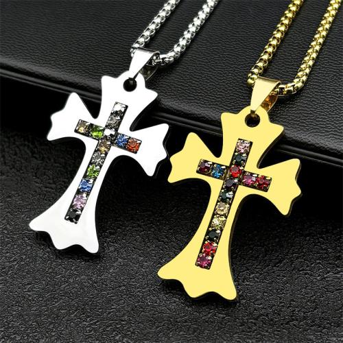 Stainless Steel Sweater Chain Necklace, 304 Stainless Steel, Cross, fashion jewelry & Unisex & with rhinestone, more colors for choice, 50x37mm, Length:Approx 60 cm, Sold By PC