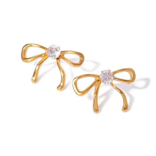 Stainless Steel Stud Earrings 304 Stainless Steel with Cubic Zirconia Bowknot 18K gold plated fashion jewelry & for woman golden Sold By Pair