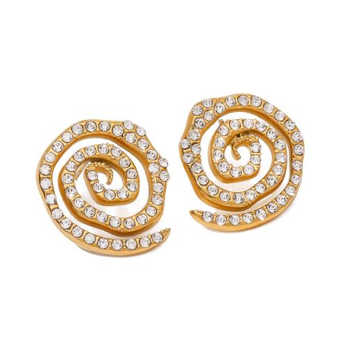 Stainless Steel Stud Earrings, 304 Stainless Steel, fashion jewelry & for woman & with rhinestone, golden, 24.70x23.20mm, Sold By Pair