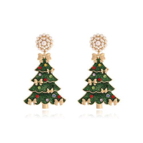 Boucles d'oreilles de Noël, alliage de zinc, avec perle de plastique, arbre de noël, Placage de couleur d'or, Conception de Noël & bijoux de mode & pour femme & émail & avec strass, vert, protéger l'environnement, sans nickel, plomb et cadmium, 33x58mm, Vendu par paire