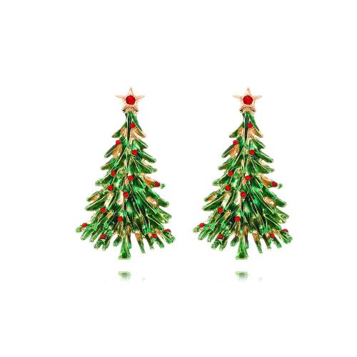 Boucles d'oreilles de Noël, alliage de zinc, arbre de noël, Placage de couleur d'or, Conception de Noël & bijoux de mode & pour femme & émail & avec strass, vert, protéger l'environnement, sans nickel, plomb et cadmium, 23x39mm, Vendu par paire