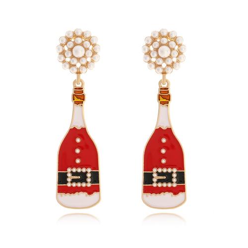 Christmas Earrings, Tibetan Style, with Plastic Pearl, Winebottle, gold color plated, fashion jewelry & for woman & enamel, nickel, lead & cadmium free, 13x56mm, Sold By Pair