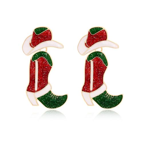 Pendientes de Navidad, aleación de zinc, Bota de Navidad, chapado en color dorado, Diseño de Navidad & Joyería & para mujer & esmalte, libre de níquel, plomo & cadmio, 32x52mm, Vendido por Par