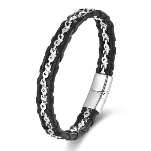 PU Leather Cord Bracelets, with 304 Stainless Steel, Vacuum Ion Plating, fashion jewelry & for man, more colors for choice, Length:Approx 21 cm, Sold By PC