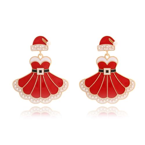 Boucles d'oreilles de Noël, alliage de zinc, avec perle de plastique, Jupe, Placage de couleur d'or, Conception de Noël & bijoux de mode & pour femme & émail, rouge, protéger l'environnement, sans nickel, plomb et cadmium, 33x58mm, Vendu par paire