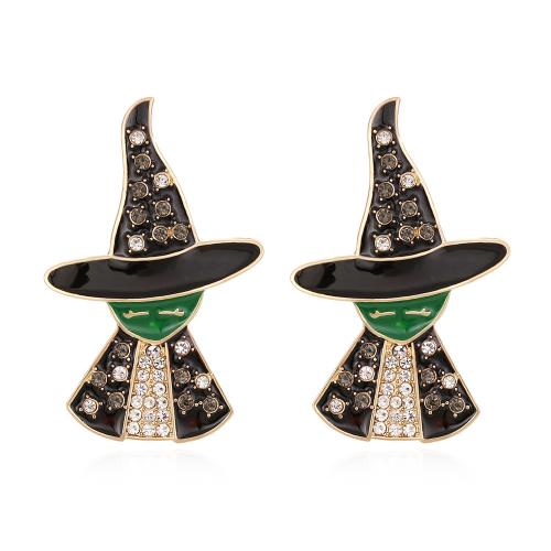 Zinklegierung Ohrstecker, Hexenmeister, goldfarben plattiert, Design für Halloween & Modeschmuck & für Frau & Emaille & mit Strass, schwarz, frei von Nickel, Blei & Kadmium, 52x33mm, verkauft von Paar