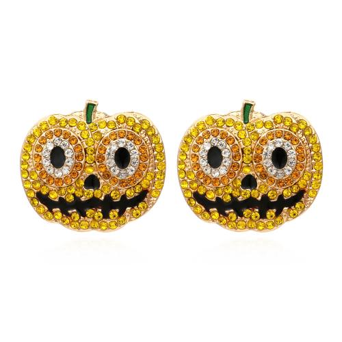 aleación de zinc Arito, Calabaza, chapado en color dorado, Diseño de Halloween & Joyería & para mujer & con diamantes de imitación, libre de níquel, plomo & cadmio, 30x33mm, Vendido por Par