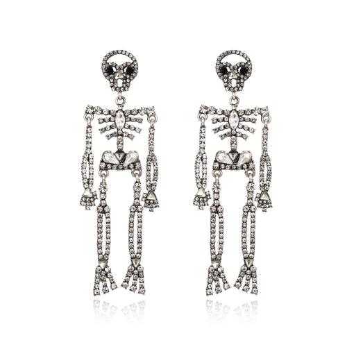 Tibetan Style Stud Earring, Skeleton, antique silver color plated, Halloween Design & fashion jewelry & for woman & with rhinestone, nickel, lead & cadmium free, 100x30mm, Sold By Pair